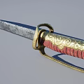 Intricate Decorative Sword With Golden Spiral Patterns And Red Sheath
