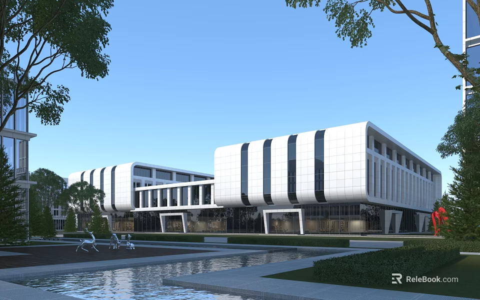 Modern Office Building Exterior Design With White Facade Black Stripes Landscaping Water Pool And Chairs 3d model 