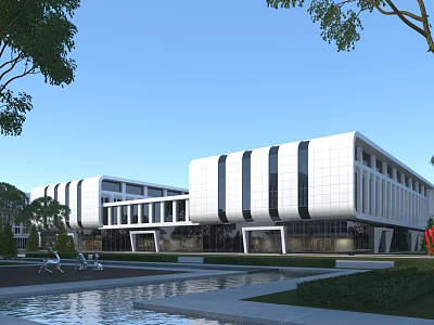 Modern Office Building Exterior Design With White Facade Black Stripes Landscaping Water Pool And Chairs 3d model