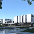 Modern Office Building Exterior Design With White Facade Black Stripes Landscaping Water Pool And Chairs
