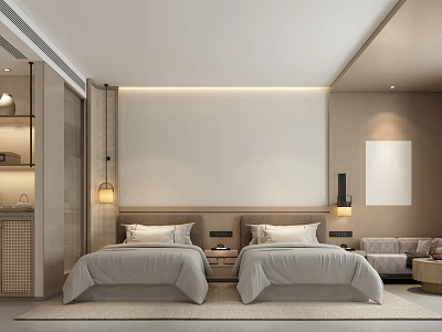 Modern Hotel Room Interior Featuring Twin Beds Sofa Wooden Accents And Minimalist Design 3d model