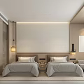 Modern Hotel Room Interior Featuring Twin Beds Sofa Wooden Accents And Minimalist Design
