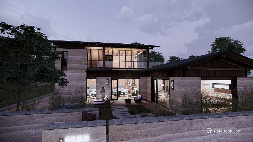 Modern Homestay Building Design With Courtyard Glass Doors And Wooden Elements 3d model 