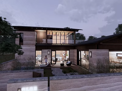 Modern Homestay Building Design With Courtyard Glass Doors And Wooden Elements 3d model