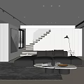 Modern Living Room Interior With Black Sofa Round Coffee Table Gray Rug And Floor Lamp