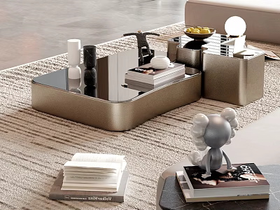 Modern Metal Mirrored Coffee Table With Stacked Books And Decorative Figurine On Rug 3d model