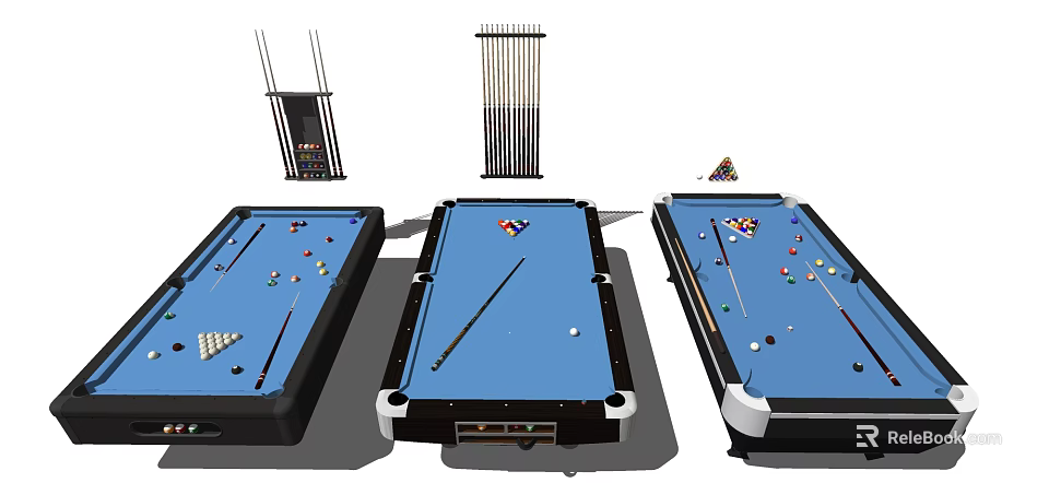 Professional Billiard Sports Equipment Featuring Multiple Tables Cues Balls And Racks 3d model 