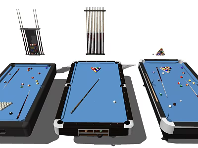 Professional Billiard Sports Equipment Featuring Multiple Tables Cues Balls And Racks 3d model