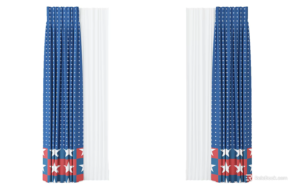 Blue Window Curtains With White Polka Dots And Stars Stripes Bottom Layered Design 3d model 