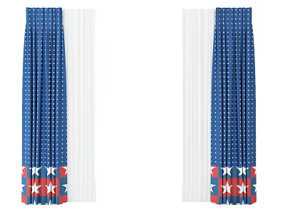 Blue Window Curtains With White Polka Dots And Stars Stripes Bottom Layered Design 3d model