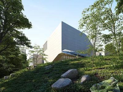 Detached Villa with Modern Geometric Architecture Surrounded by Trees Grass and Rocks 3d model