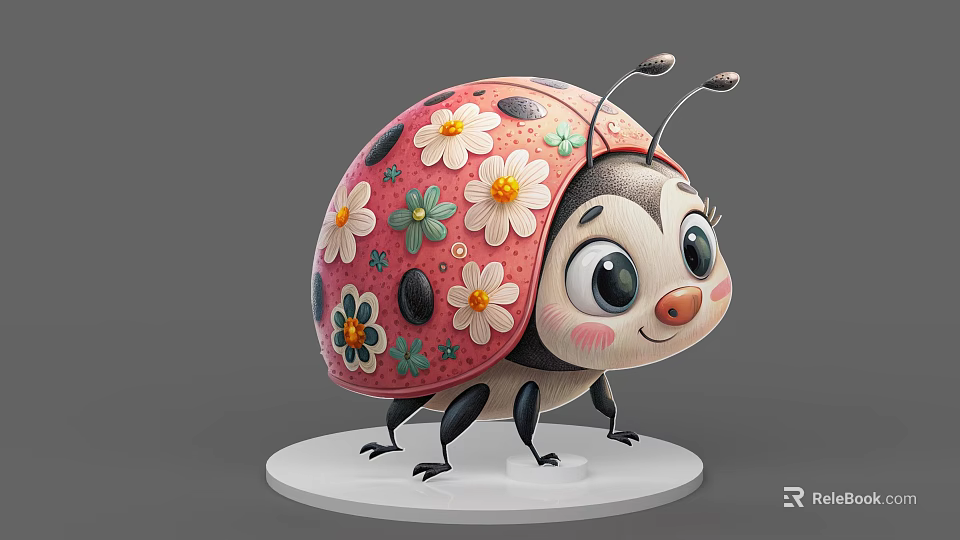 Cute Reptile Figurine With Pink Floral Shell And Big Eyes On White Base 3d model 