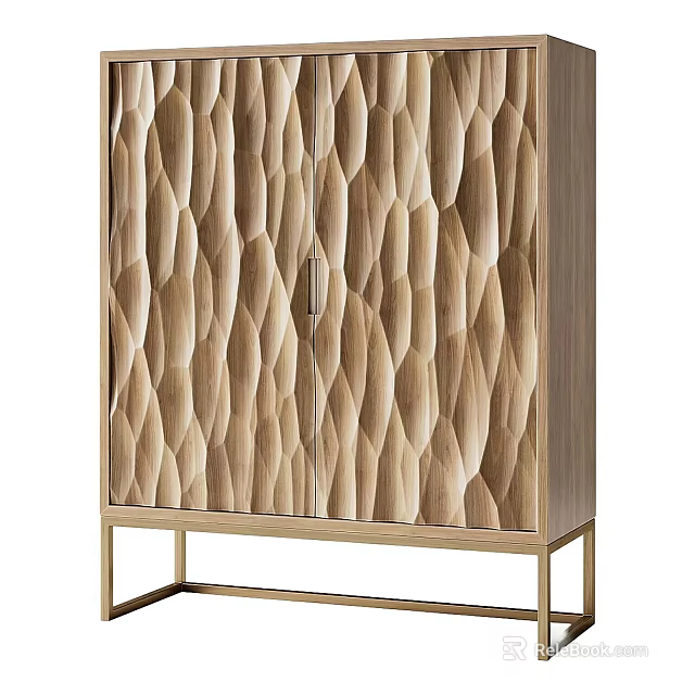 Textured Wooden Cabinet With Wavy Surface And Golden Metal Base 3d model 