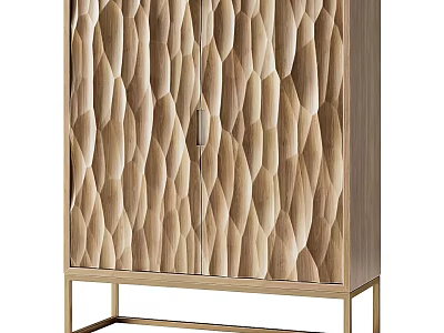 Textured Wooden Cabinet With Wavy Surface And Golden Metal Base 3d model