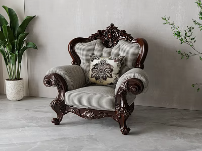 Elegant Ornate Armchair with Plaid Fabric Carved Details and Green Plant in Light Gray Space 3d model