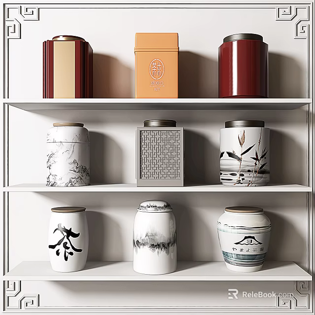 Colorful Decorative Storage Jars with Diverse Patterns on White Shelves for Home 3d model 