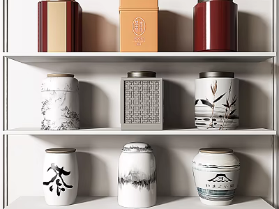 Colorful Decorative Storage Jars with Diverse Patterns on White Shelves for Home 3d model