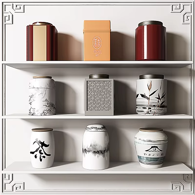 Colorful Decorative Storage Jars with Diverse Patterns on White Shelves for Home 3d model