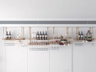 Modern White Wine Cabinet Design With Metal Racks Wine Glass Holders And Bottles 3d model