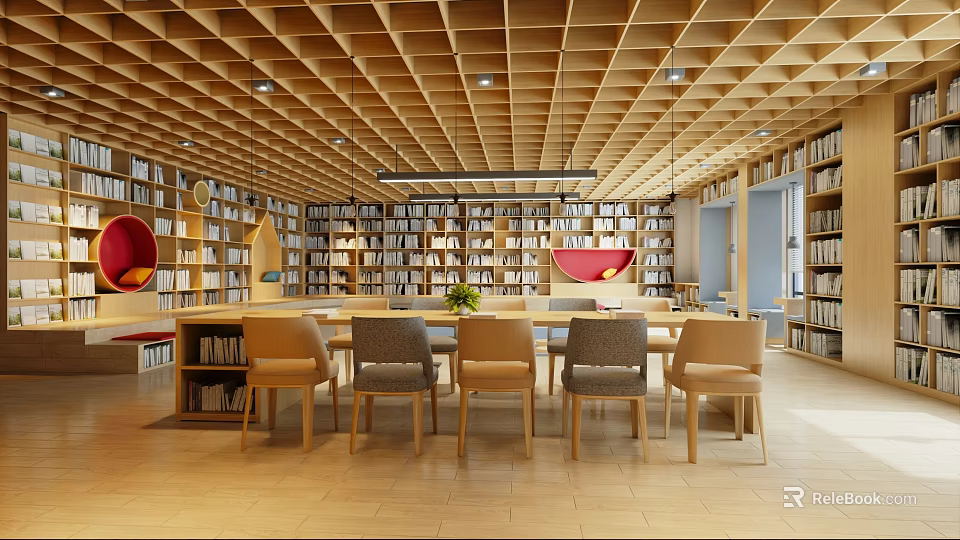 Artistic Library Interior Design With Bookshelves Chairs And Wooden Ceiling 3d model 