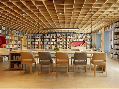 Artistic Library Interior Design With Bookshelves Chairs And Wooden Ceiling 3d model
