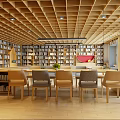 Artistic Library Interior Design With Bookshelves Chairs And Wooden Ceiling