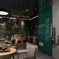 Café Interior With Green Accent Wall Black And White Street Mural Round Tables Beige Chairs