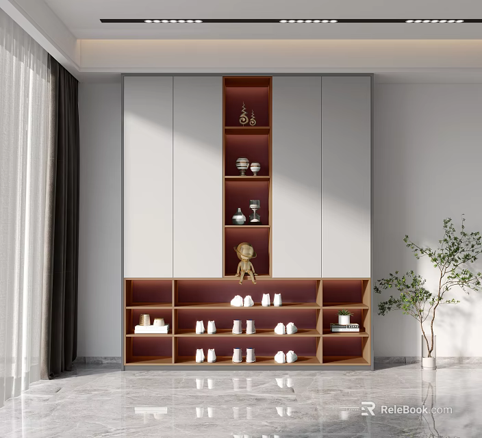 Modern Gray And Wooden Storage Cabinet With Open Shelves White Cups And Green Plant 3d model 