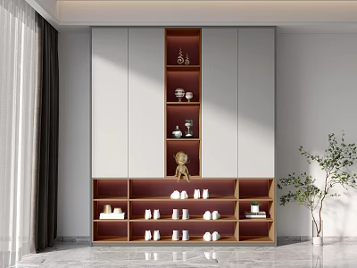 Modern Gray And Wooden Storage Cabinet With Open Shelves White Cups And Green Plant 3d model