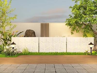 Modern Garden Landscape with White Low Wall Geometric Patterns Green Lawn and Black Street Lamps 3d model