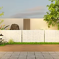 Modern Garden Landscape with White Low Wall Geometric Patterns Green Lawn and Black Street Lamps