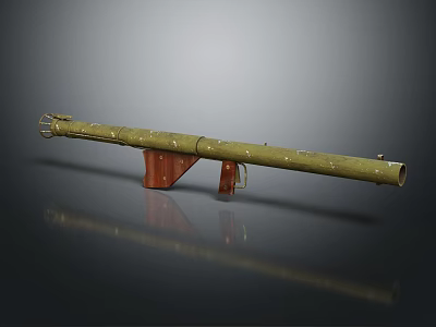 Long Green Military Weapon With Brown Wooden Stand And Metal Components 3d model