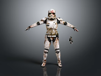 Weathered Armored Character in White Red Marked Armor Holding Small Robot Creature 3d model