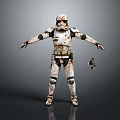 Weathered Armored Character in White Red Marked Armor Holding Small Robot Creature