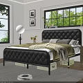 Stylish Bedroom Interior With Tufted Headboard Large Windows And Decorative Pillows