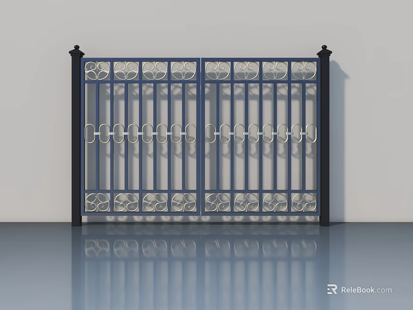 Elegant Double Swing Door With Intricate Metal Patterns And Dark Frame 3d model 