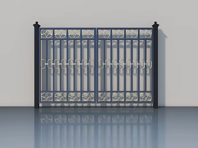 Elegant Double Swing Door With Intricate Metal Patterns And Dark Frame 3d model