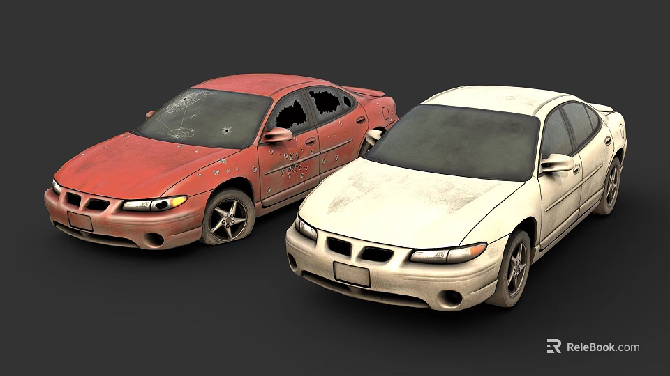 Two Worn Out Cars Red And White Exterior Side By Side View 3d model 