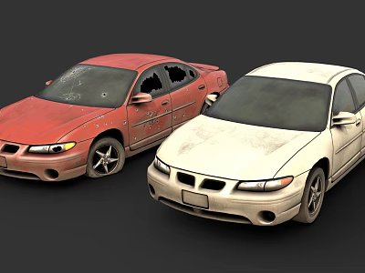 Two Worn Out Cars Red And White Exterior Side By Side View 3d model