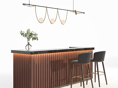 Modern Bar Counter With Wooden Slats Black Top Pendant Lights Green Plant And Bar Stools 3d model