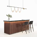 Modern Bar Counter With Wooden Slats Black Top Pendant Lights Green Plant And Bar Stools