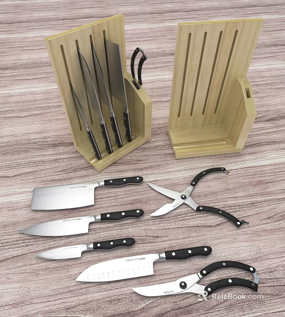 Stainless Steel Kitchen Knife Set With Wooden Storage Block And Scissors On Wooden Table 3d model 
