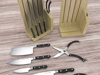 Stainless Steel Kitchen Knife Set With Wooden Storage Block And Scissors On Wooden Table 3d model