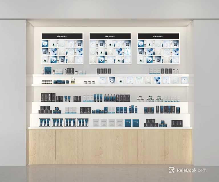 Modern Display Shelves With Multiple Layers Blue White Black Products Wooden Base White Background 3d model 