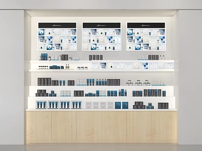 Modern Display Shelves With Multiple Layers Blue White Black Products Wooden Base White Background 3d model