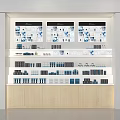 Modern Display Shelves With Multiple Layers Blue White Black Products Wooden Base White Background