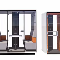 Modern Public Facilities With Transparent Enclosed Work Pods And Seating Tables