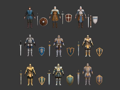 Medieval Knight Characters With Various Armor Sets Weapons And Shield Designs 3d model