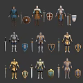 Medieval Knight Characters With Various Armor Sets Weapons And Shield Designs 3d model