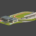 Modern Football Stadium With Running Track Spectator Stands And Adjacent Buildings
